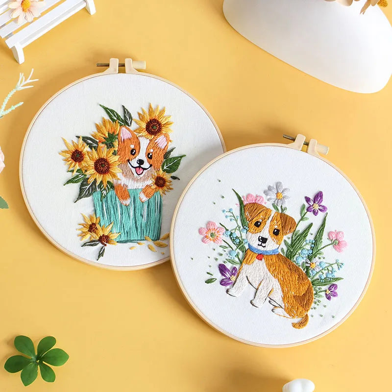 Dog Embroidery Kits for Beginner with Animal and Flowers Pattern Adults Starter Cross Stitch Kit DIY Needlepoint EN Instructions