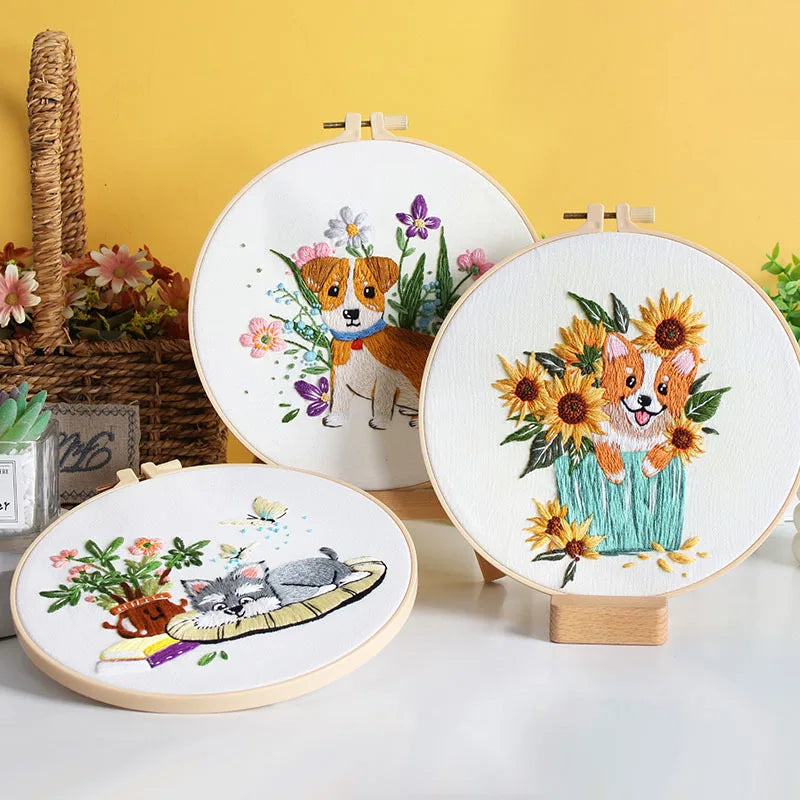 Dog Embroidery Kits for Beginner with Animal and Flowers Pattern Adults Starter Cross Stitch Kit DIY Needlepoint EN Instructions