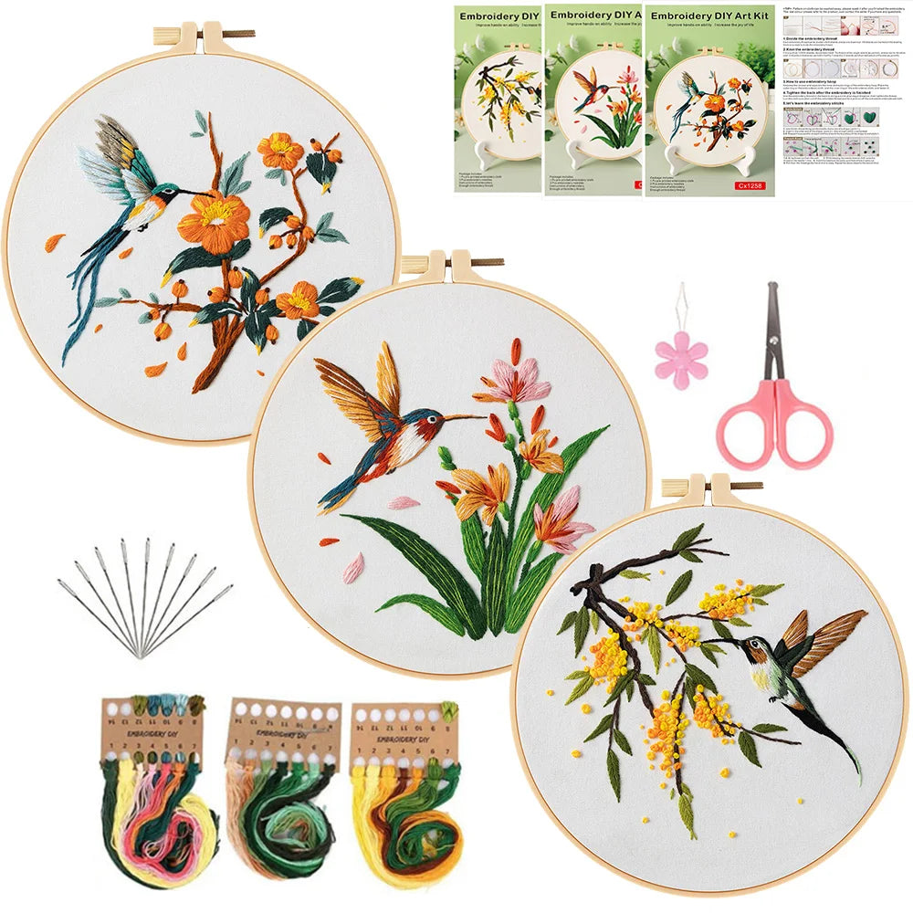 3pc Owl Hummingbird Embroidery Kit for Beginners Adult Needlepoint Kits DIY Sewing Practice Embroidery Starter Kit with 1pc Hoop