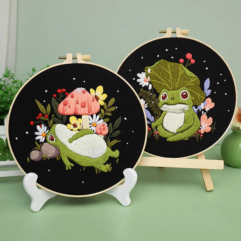 Creative Frog and Mushroom Embroidery Kit with EN Instruction,Thread,Needle,Stamped Cloth for DIY Funny Gift