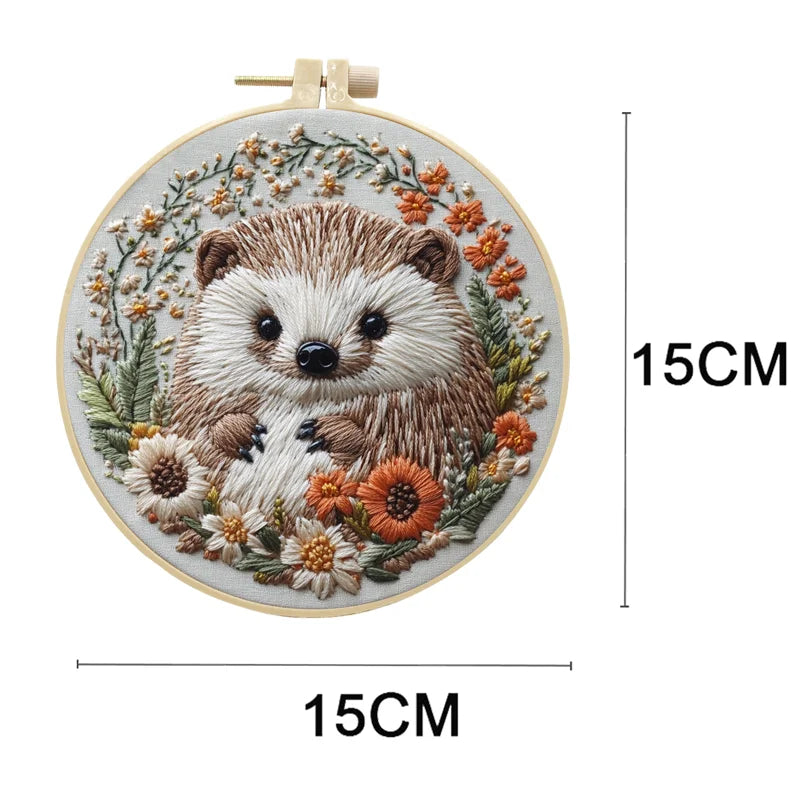 Hedgehog Broidery Kit with flower Embroidery Kit for Beginners Needles Enough Embroidery Thread
