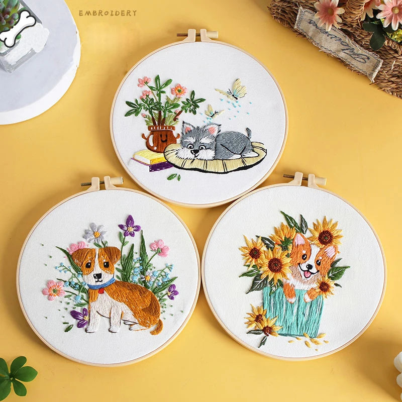 Dog Embroidery Kits for Beginner with Animal and Flowers Pattern Adults Starter Cross Stitch Kit DIY Needlepoint EN Instructions