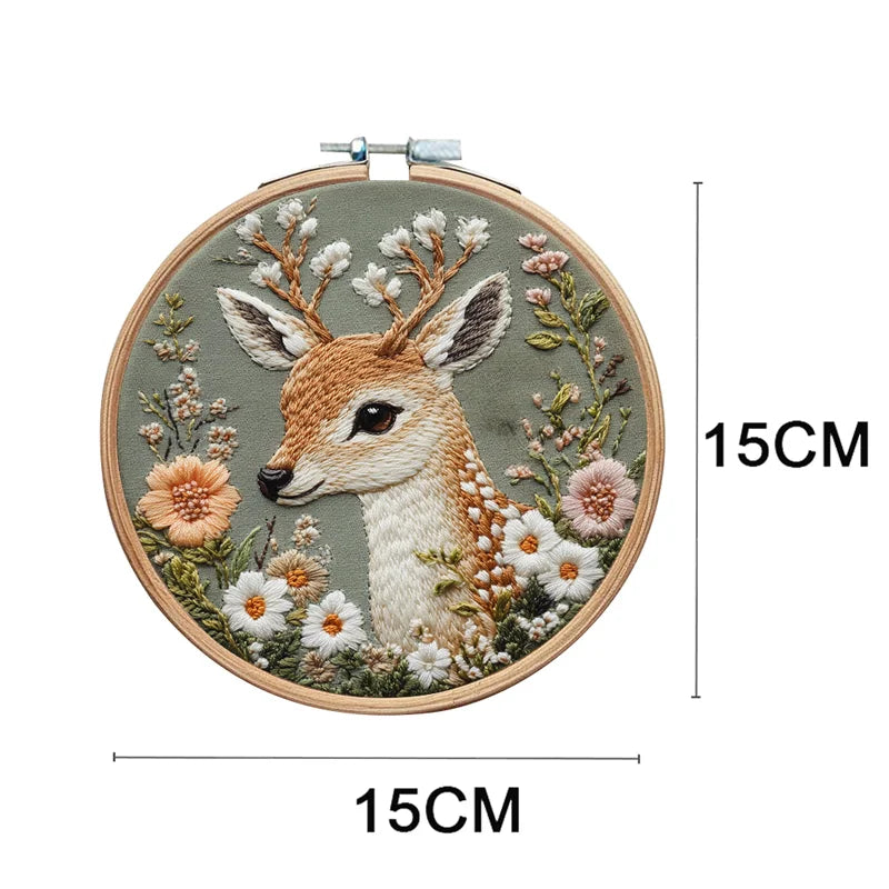 3D Embroidery Kit for Beginner Flower Elk Printed Pattern DIY Cross Stitch Set Needlework Hoop Handmade Sewing Art Craft Kit