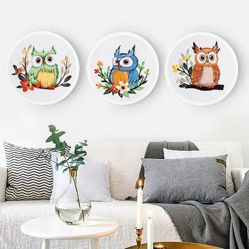 3pc Owl Hummingbird Embroidery Kit for Beginners Adult Needlepoint Kits DIY Sewing Practice Embroidery Starter Kit with 1pc Hoop