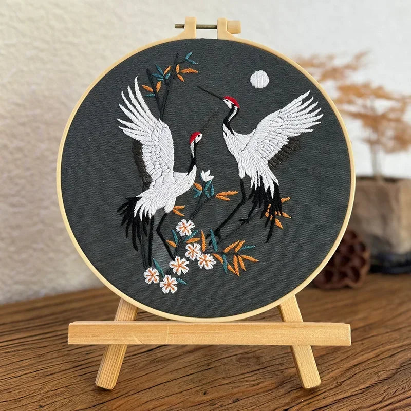 Flying Crane Flowers Chinese Wind Pattern Embroidery Kit with Instructions Needles Thread Stamped Clothes for Room Decor