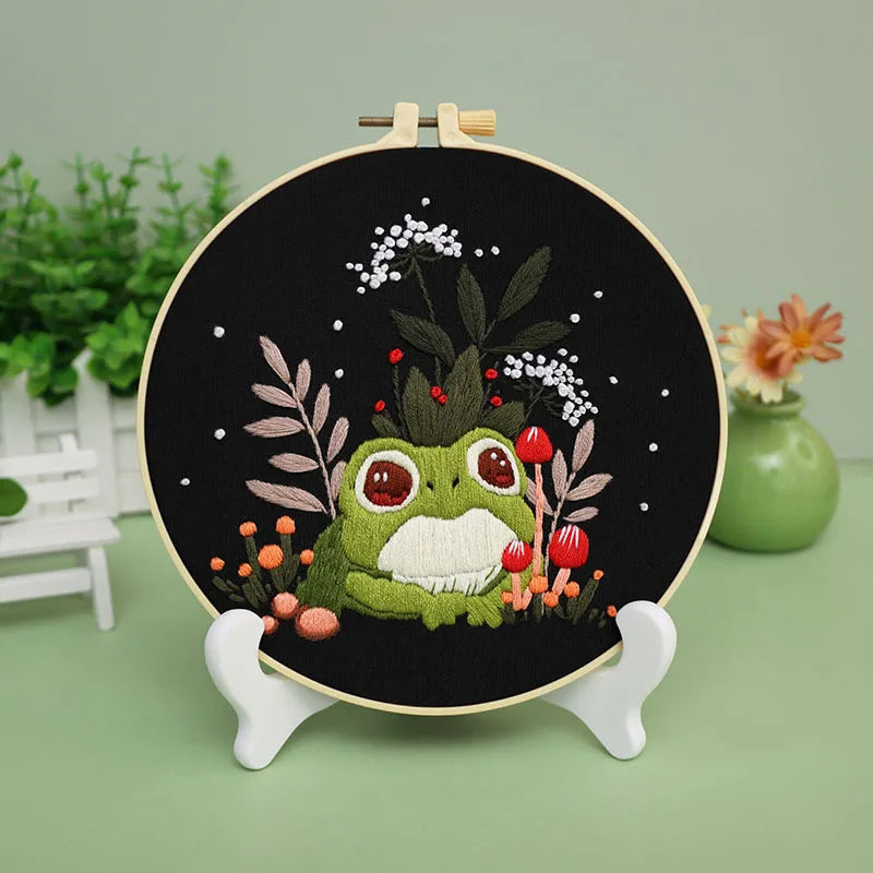 Creative Frog and Mushroom Embroidery Kit with EN Instruction,Thread,Needle,Stamped Cloth for DIY Funny Gift