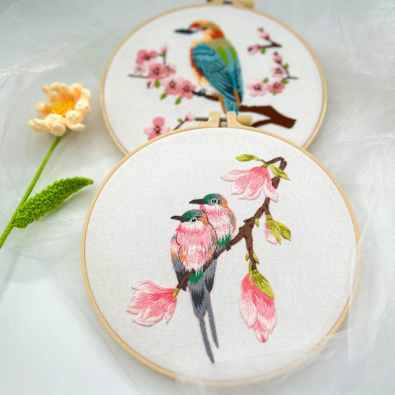 Flower Bird Embroidery Kit for Adults Kids Beginners Hand Embroidery Starter Kit Counted Stamped Cross Stitch Needlepoint Kit