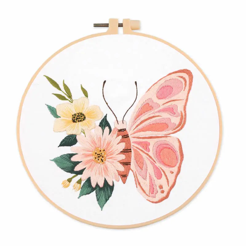 Embroidery Kit for Beginner DIY Butterfly Printed Pattern Flower Cross Stitch Set Needlework Hoop Handmade Sewing Art Craft Kit