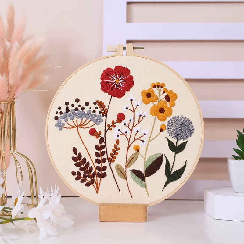 4 Sets Cross Stitch Kits for Beginners with Stamped Flower Pattern for Hand Craft Lover with Embroidery Hoop EN Instructions