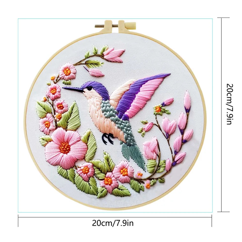 【 1-Piece Set 】 Hummingbird themed Embroidery Kit 20x20cm | Adult Novice DIY Materials Includes Embroidery Cloth/Stretching/Ne