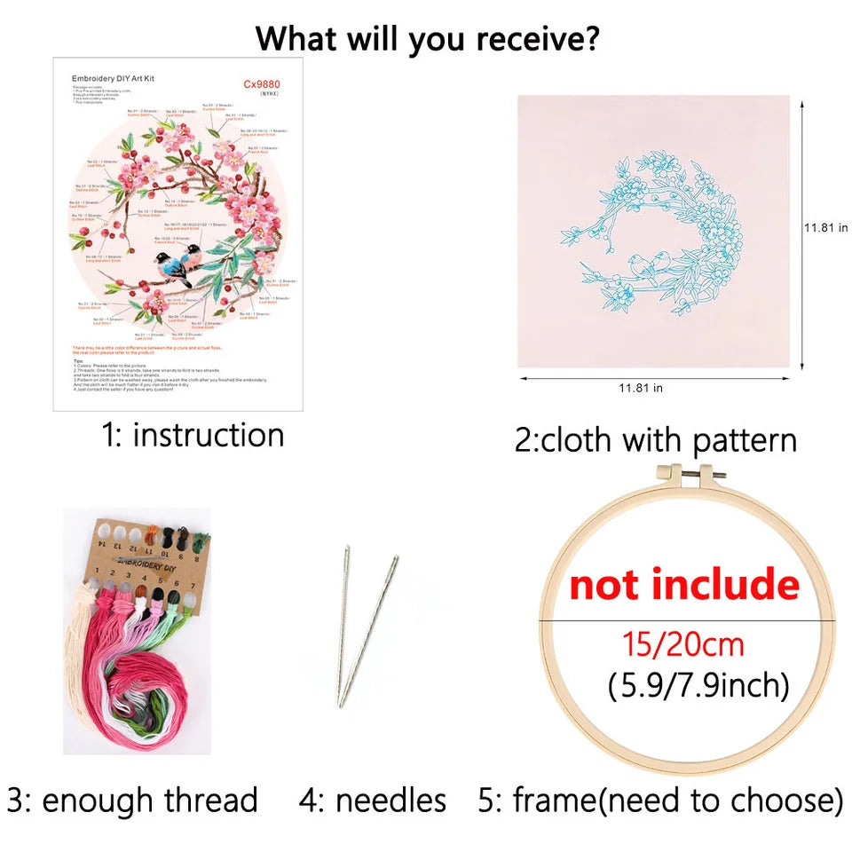 Bird and Blossom Flower Embroidery Kit for Adults DIY Creative Craft DIY Home Decoration