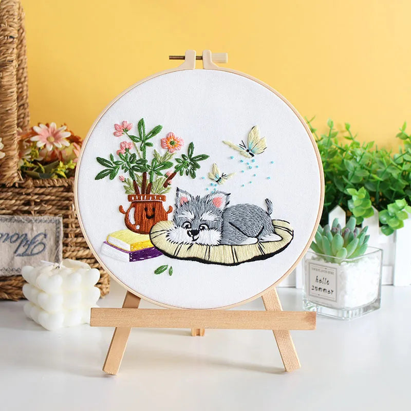 Dog Embroidery Kits for Beginner with Animal and Flowers Pattern Adults Starter Cross Stitch Kit DIY Needlepoint EN Instructions