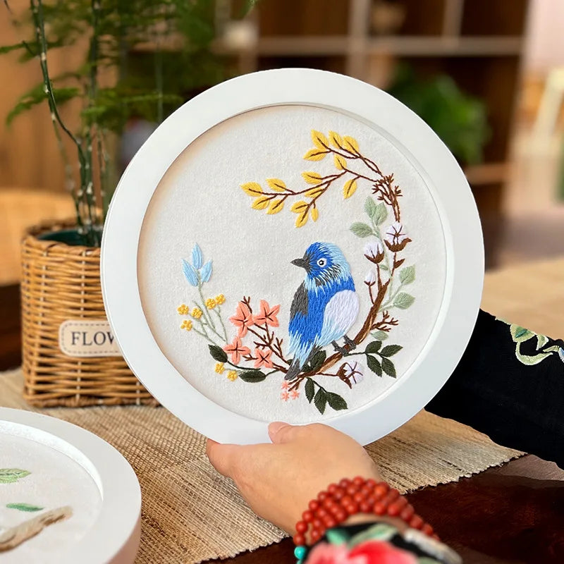 Flower Bird Embroidery Kit for Adults Kids Beginners Hand Embroidery Starter Kit Counted Stamped Cross Stitch Needlepoint Kit