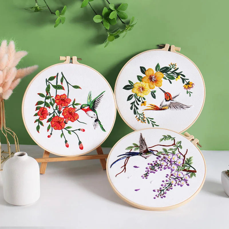 Embroidery Starter Kit with Flower Bird Patterns and Instructions, DIY Adult Beginner Cross Stitch with Pattern Plant Cat