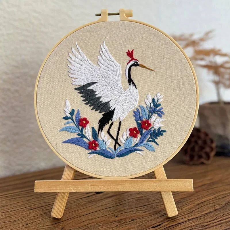 Flying Crane Flowers Chinese Wind Pattern Embroidery Kit with Instructions Needles Thread Stamped Clothes for Room Decor