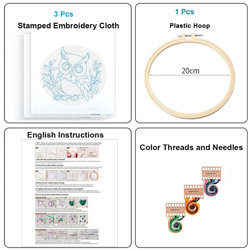 3pc Owl Hummingbird Embroidery Kit for Beginners Adult Needlepoint Kits DIY Sewing Practice Embroidery Starter Kit with 1pc Hoop