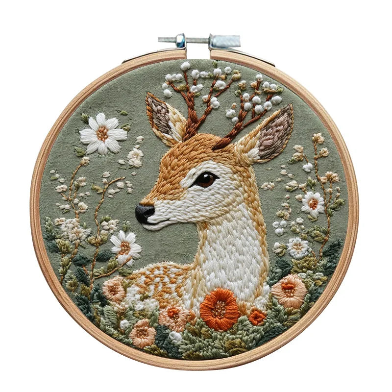 3D Embroidery Kit for Beginner Flower Elk Printed Pattern DIY Cross Stitch Set Needlework Hoop Handmade Sewing Art Craft Kit