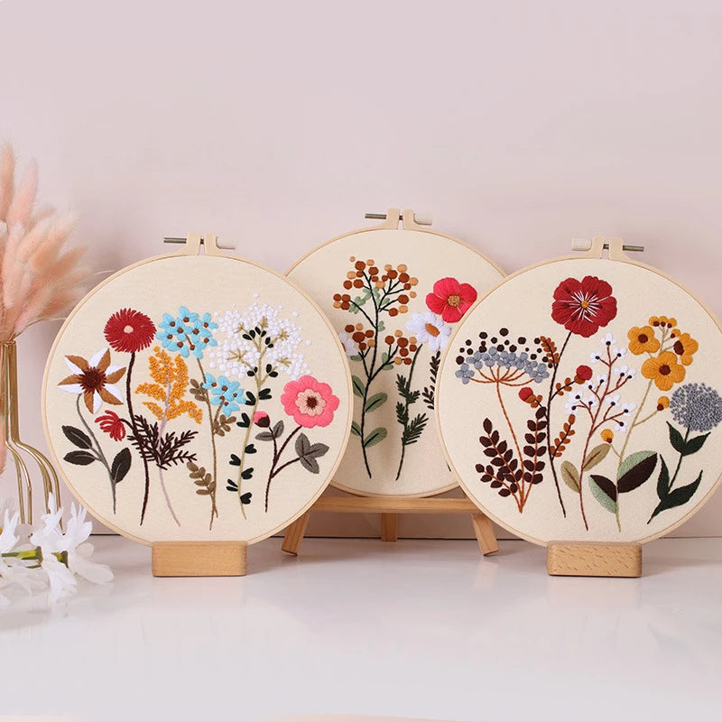 4 Sets Cross Stitch Kits for Beginners with Stamped Flower Pattern for Hand Craft Lover with Embroidery Hoop EN Instructions