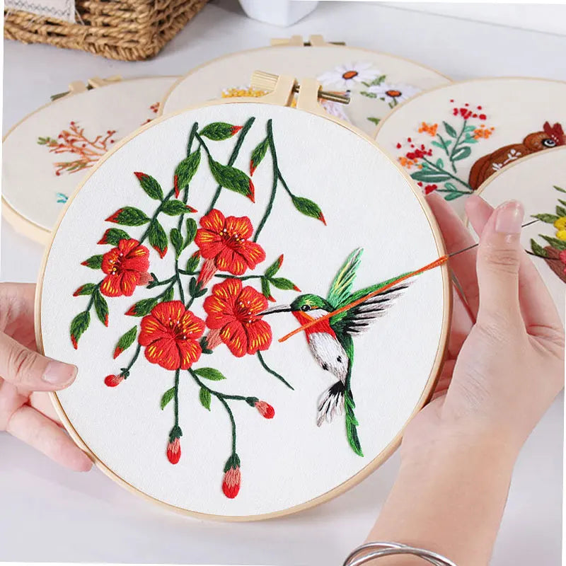Embroidery Starter Kit with Flower Bird Patterns and Instructions, DIY Adult Beginner Cross Stitch with Pattern Plant Cat