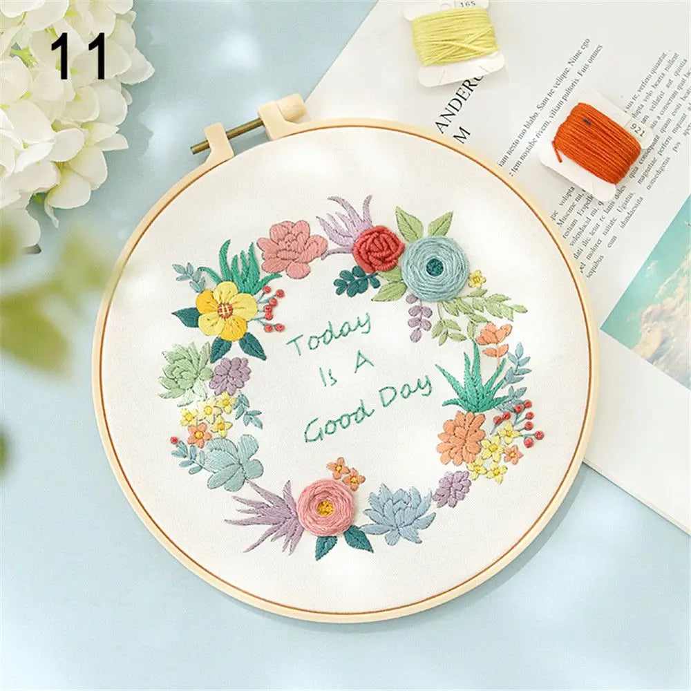 Flower Embroidery Starter Kit DIY Cross Stitch Set for Beginner Wreath Printed Sewing Art Craft Painting Home Decor Needle Art