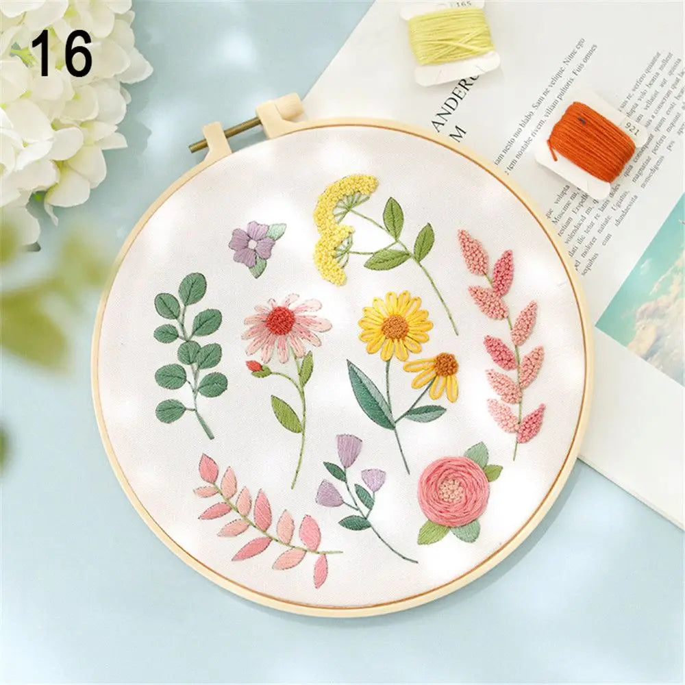 Flower Embroidery Starter Kit DIY Cross Stitch Set for Beginner Wreath Printed Sewing Art Craft Painting Home Decor Needle Art