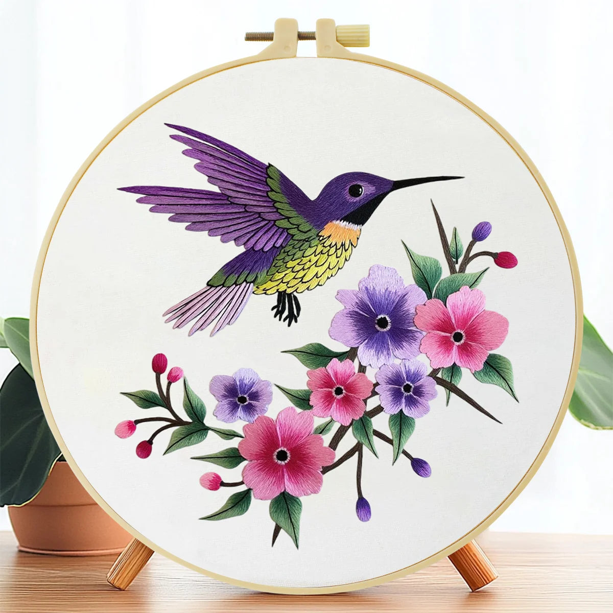 【 1-Piece Set 】 Hummingbird themed Embroidery Kit 20x20cm | Adult Novice DIY Materials Includes Embroidery Cloth/Stretching/Ne