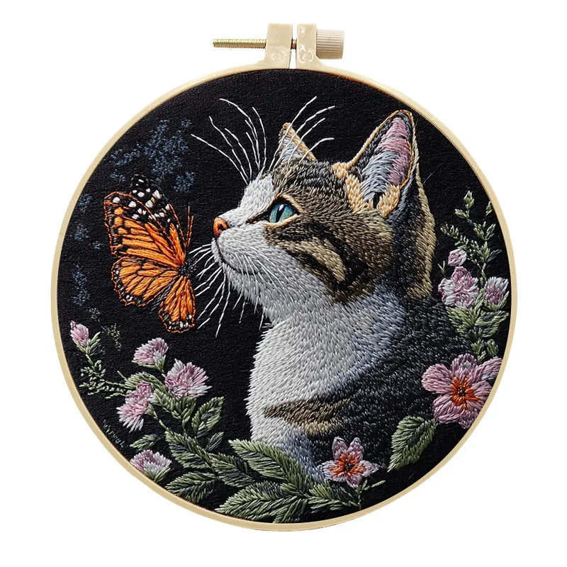 DIY Cat and Flower Embroidery Kit for Beginners Complete Handmade Cross Stitch Kit Mixing Colors Fabric Materials and Animal