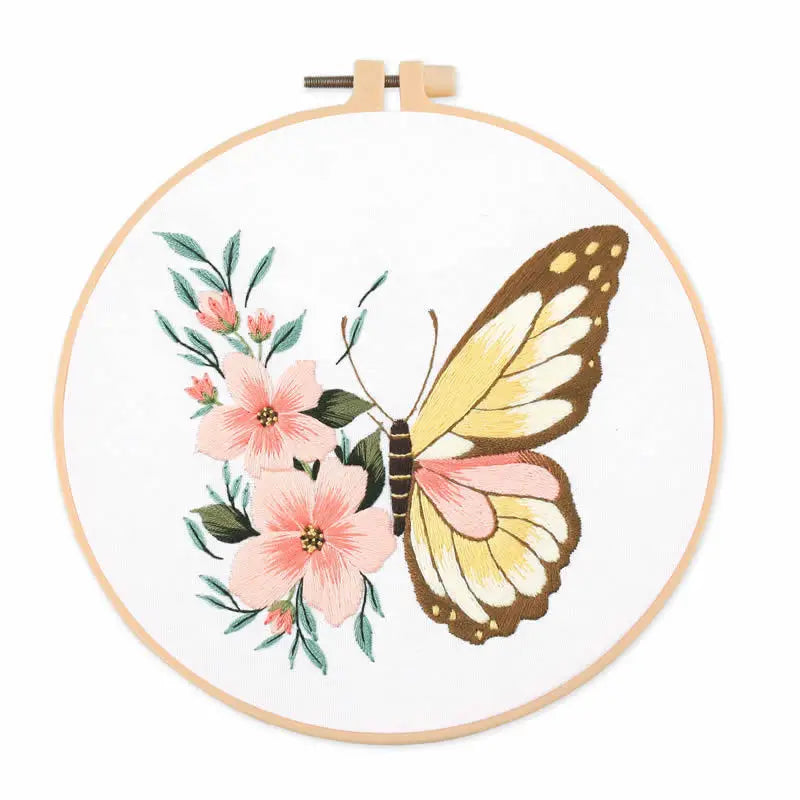 Embroidery Kit for Beginner DIY Butterfly Printed Pattern Flower Cross Stitch Set Needlework Hoop Handmade Sewing Art Craft Kit