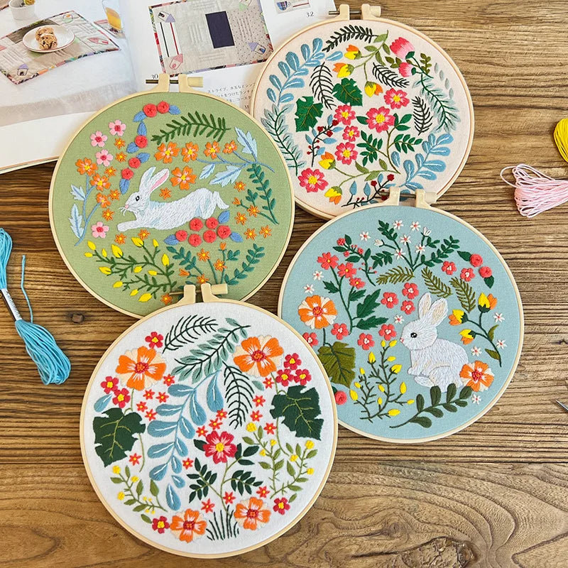 Rabbit Flower Embroidery Kit with Instructions Needles Thread Cross Stitch Kit for Beginner Floral Kit DIY Craft Easter Decor