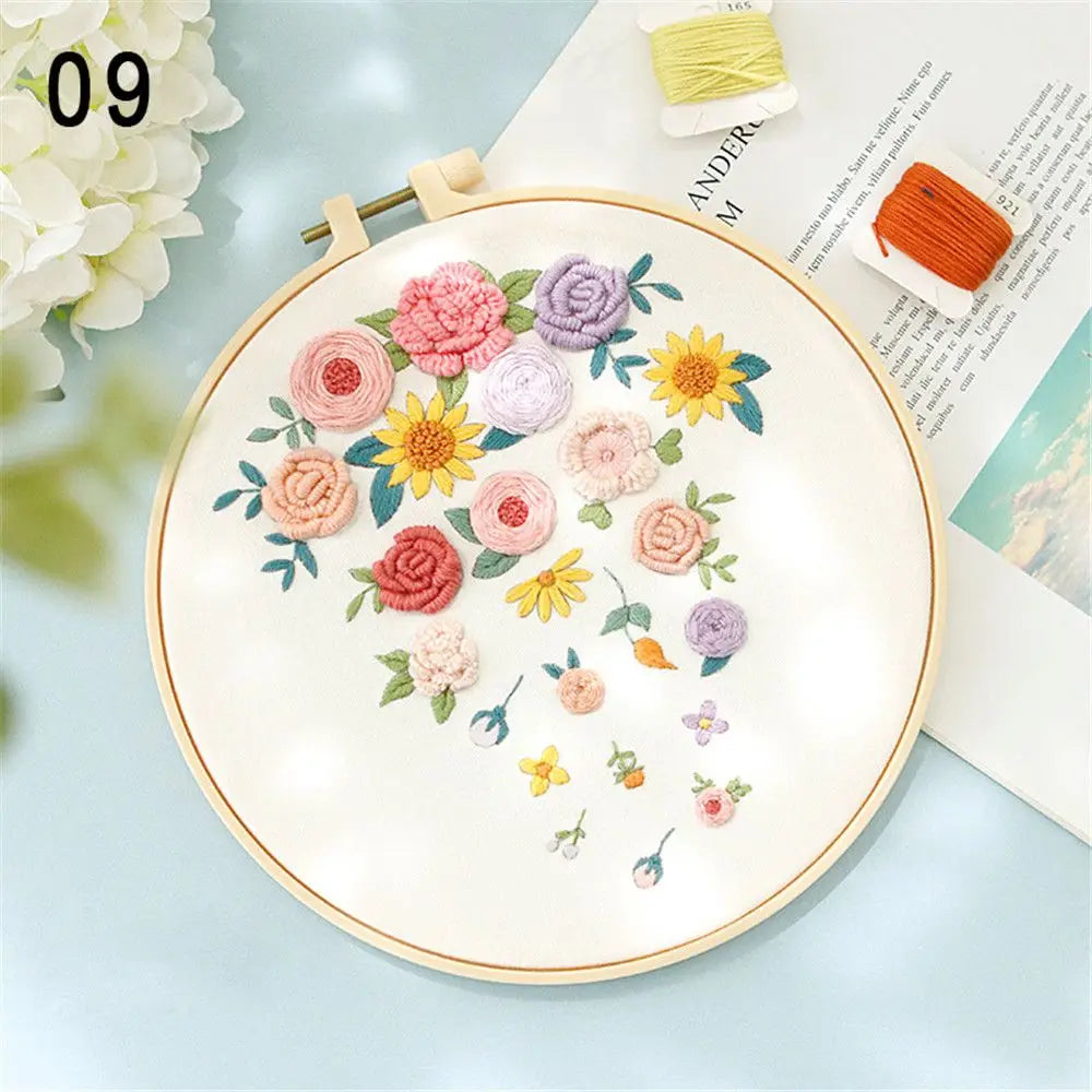 Flower Embroidery Starter Kit DIY Cross Stitch Set for Beginner Wreath Printed Sewing Art Craft Painting Home Decor Needle Art
