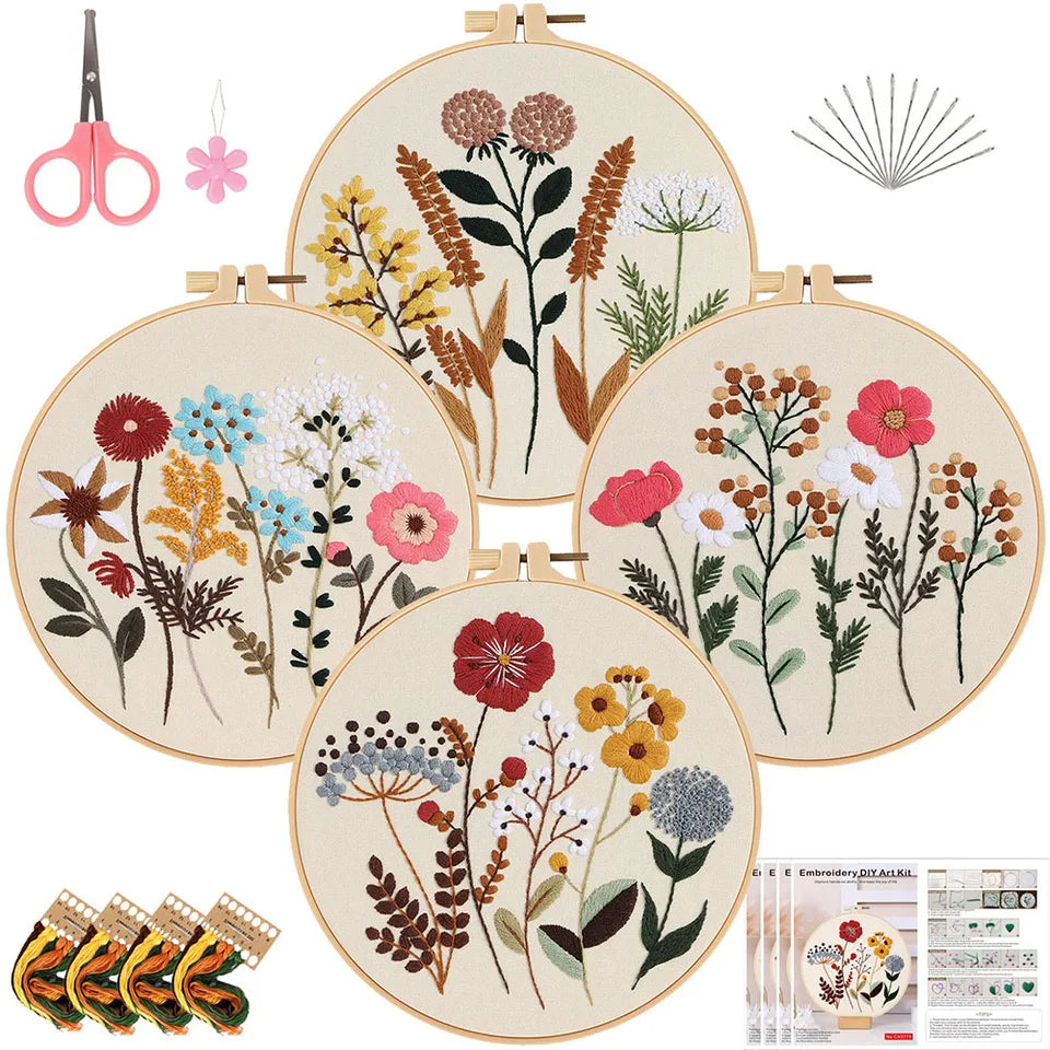 4 Sets Cross Stitch Kits for Beginners with Stamped Flower Pattern for Hand Craft Lover with Embroidery Hoop EN Instructions