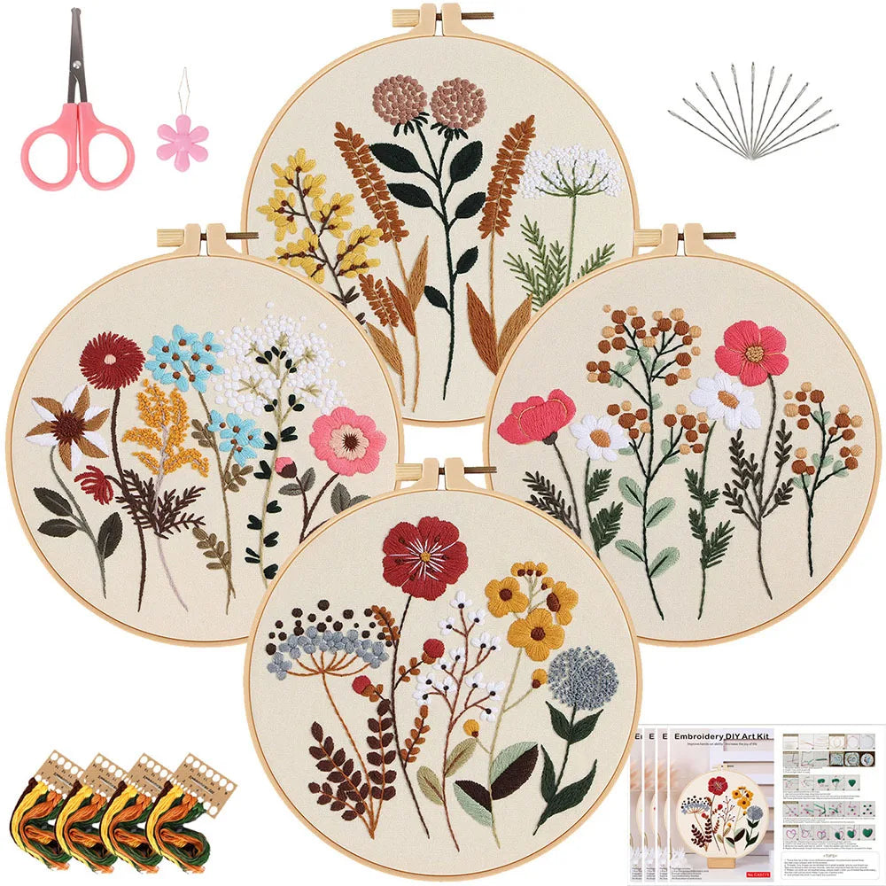 4 Sets Cross Stitch Kits for Beginners with Stamped Flower Pattern for Hand Craft Lover with Embroidery Hoop EN Instructions