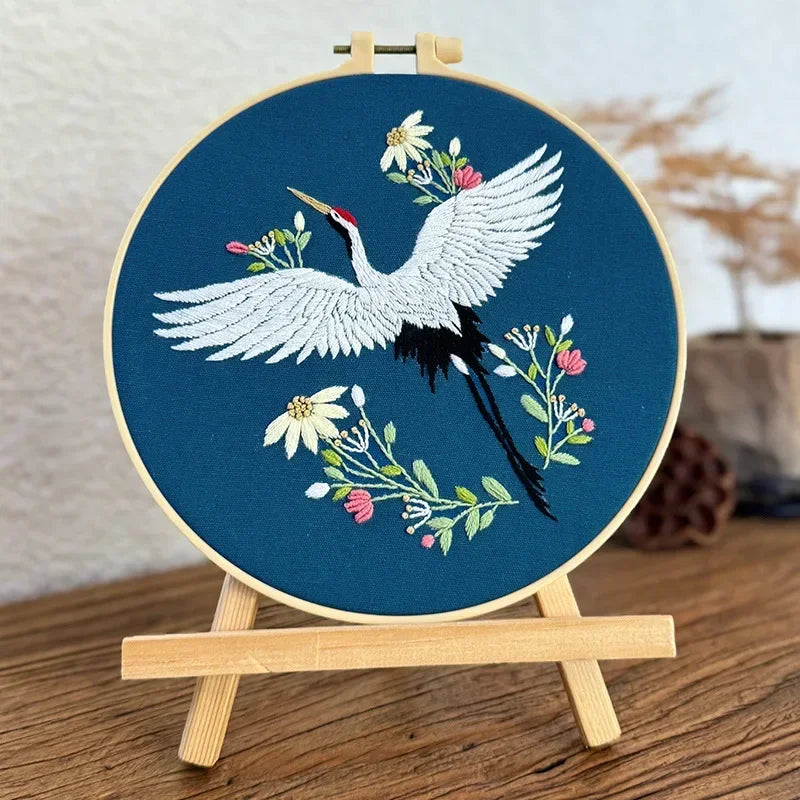 Flying Crane Flowers Chinese Wind Pattern Embroidery Kit with Instructions Needles Thread Stamped Clothes for Room Decor