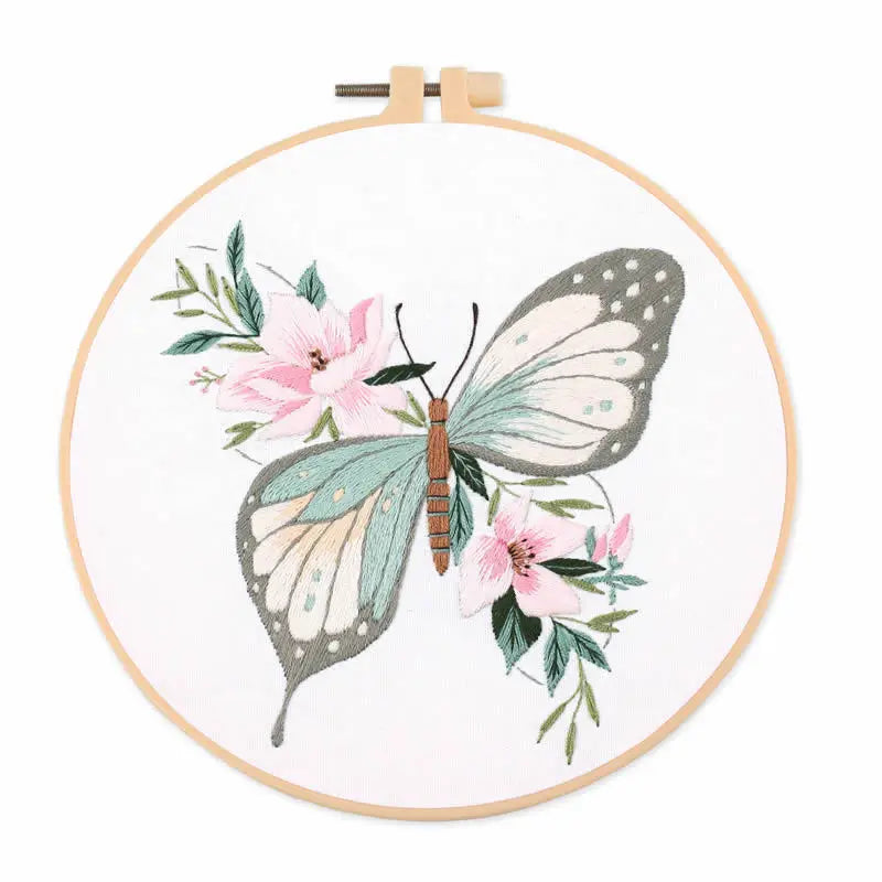 Embroidery Kit for Beginner DIY Butterfly Printed Pattern Flower Cross Stitch Set Needlework Hoop Handmade Sewing Art Craft Kit