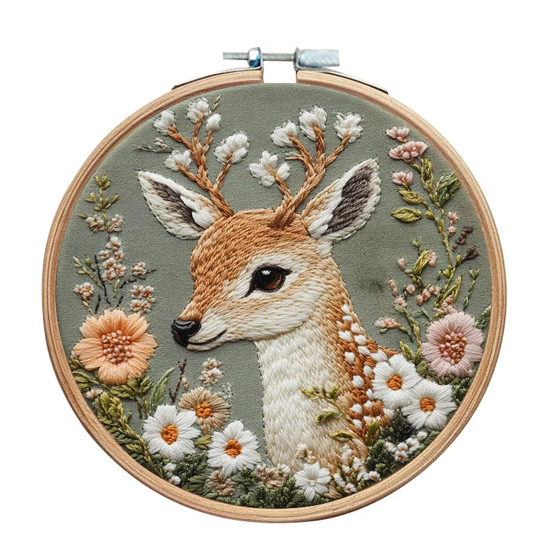 3D Embroidery Kit for Beginner Flower Elk Printed Pattern DIY Cross Stitch Set Needlework Hoop Handmade Sewing Art Craft Kit