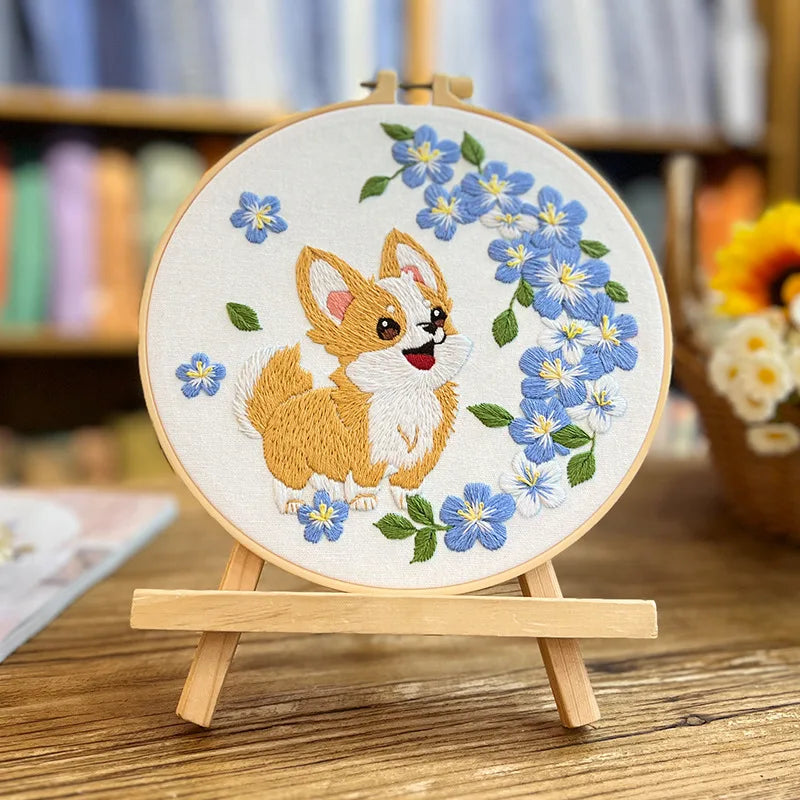 Flower Dog Embroidery Kit for Adults Kids Beginners Hand Embroidery Starter Kit Counted Stamped Cross Stitch Needlepoint Kit