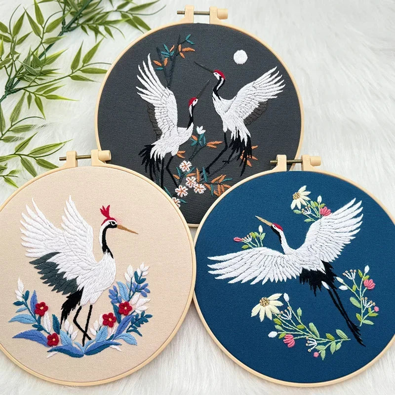 Flying Crane Flowers Chinese Wind Pattern Embroidery Kit with Instructions Needles Thread Stamped Clothes for Room Decor