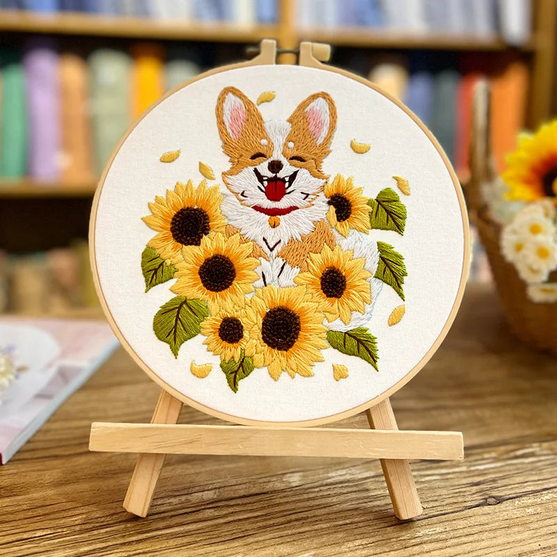 Flower Dog Embroidery Kit for Adults Kids Beginners Hand Embroidery Starter Kit Counted Stamped Cross Stitch Needlepoint Kit