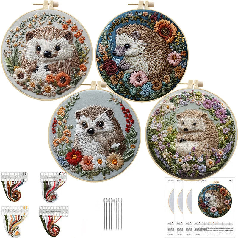 Hedgehog Broidery Kit with flower Embroidery Kit for Beginners Needles Enough Embroidery Thread