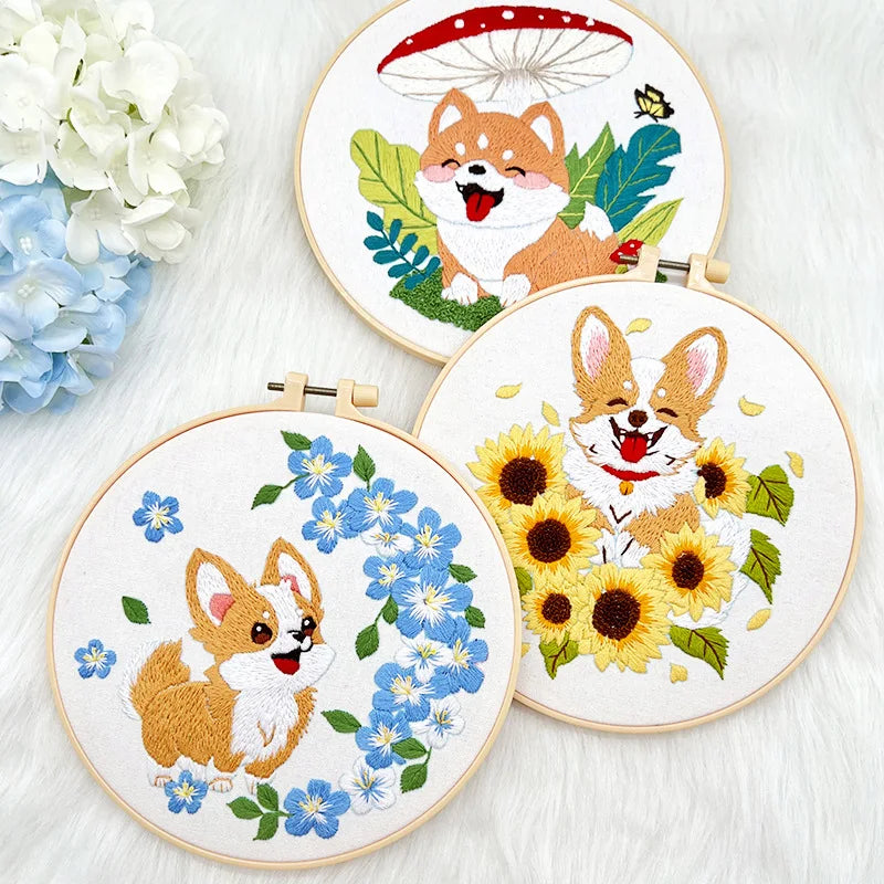 Flower Dog Embroidery Kit for Adults Kids Beginners Hand Embroidery Starter Kit Counted Stamped Cross Stitch Needlepoint Kit