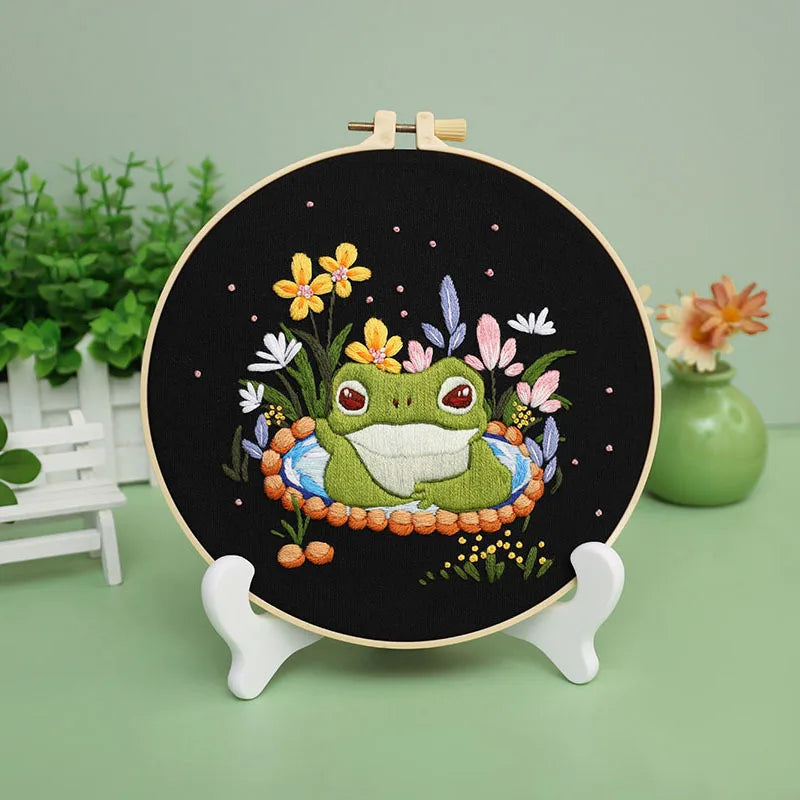 Creative Frog and Mushroom Embroidery Kit with EN Instruction,Thread,Needle,Stamped Cloth for DIY Funny Gift