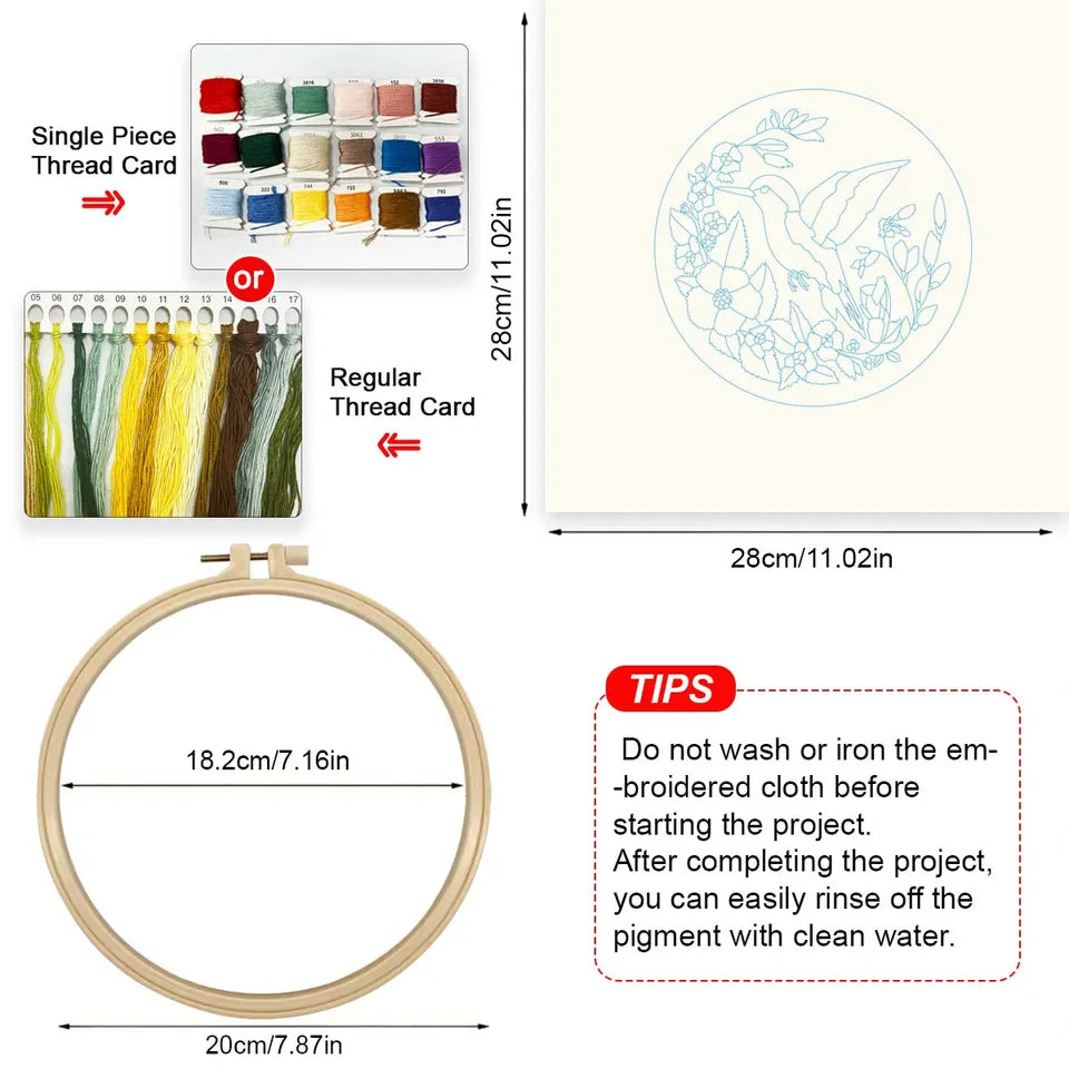 【 1-Piece Set 】 Hummingbird themed Embroidery Kit 20x20cm | Adult Novice DIY Materials Includes Embroidery Cloth/Stretching/Ne