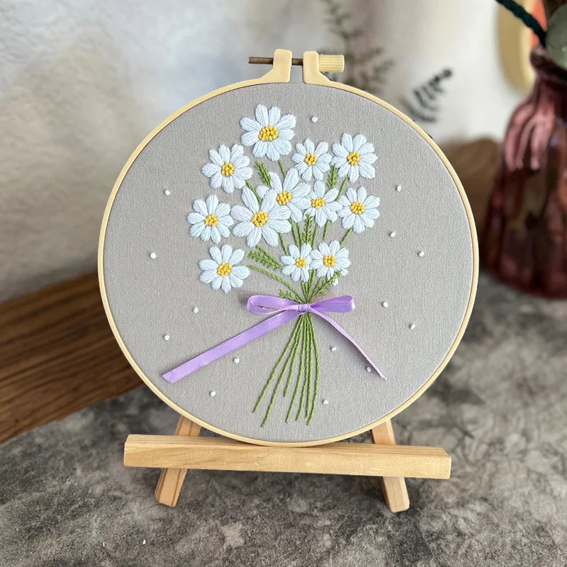 Embroidery Kit for Beginner Adults, Stamped Cross Stitch kits Dasiy Flower Hand Embroidery Starter Needlepoint Kit