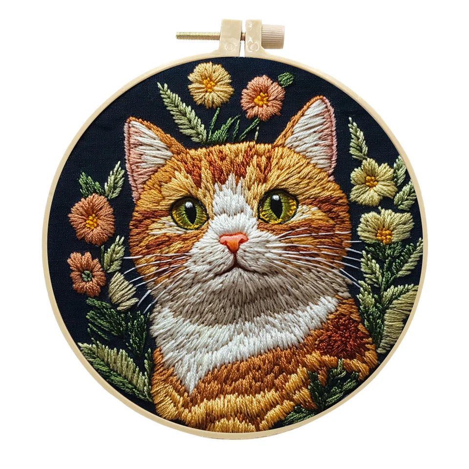 New Cat Flower Black Cloth Pattern Embroidery Kit Set with Needle Instruction Stamped Clothes Kit for Room Decor