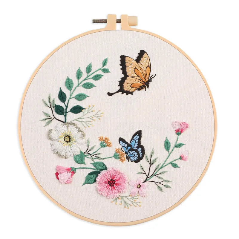 Butterfly Bird with Flower Emboridery Kit with EN Instructions,Needles,Thread,Stamped Cloth for DIY Craft Gift