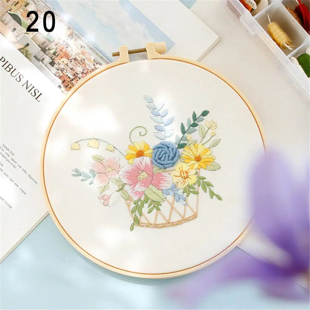 Flower Embroidery Starter Kit DIY Cross Stitch Set for Beginner Wreath Printed Sewing Art Craft Painting Home Decor Needle Art
