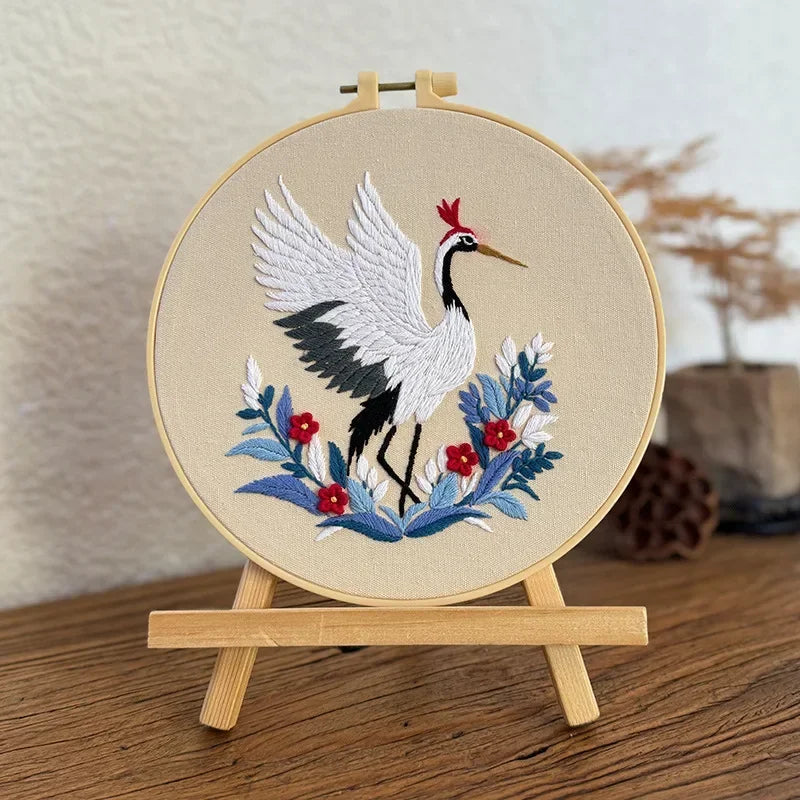 Flying Crane Flowers Chinese Wind Pattern Embroidery Kit with Instructions Needles Thread Stamped Clothes for Room Decor