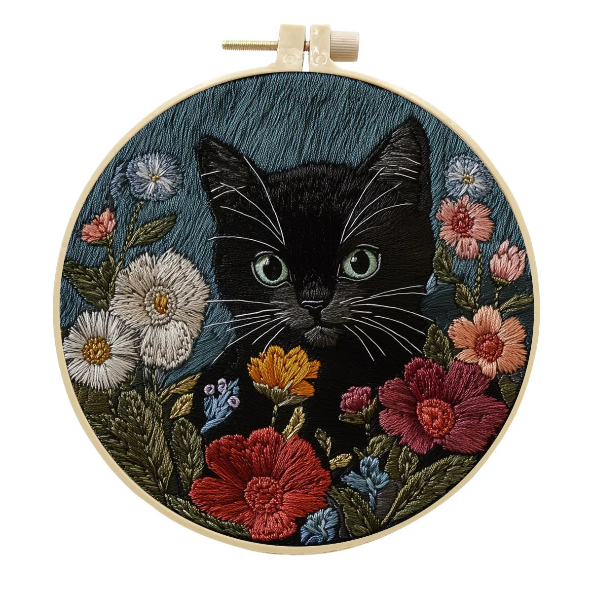 DIY Cat and Flower Embroidery Kit for Beginners Complete Handmade Cross Stitch Kit Mixing Colors Fabric Materials and Animal