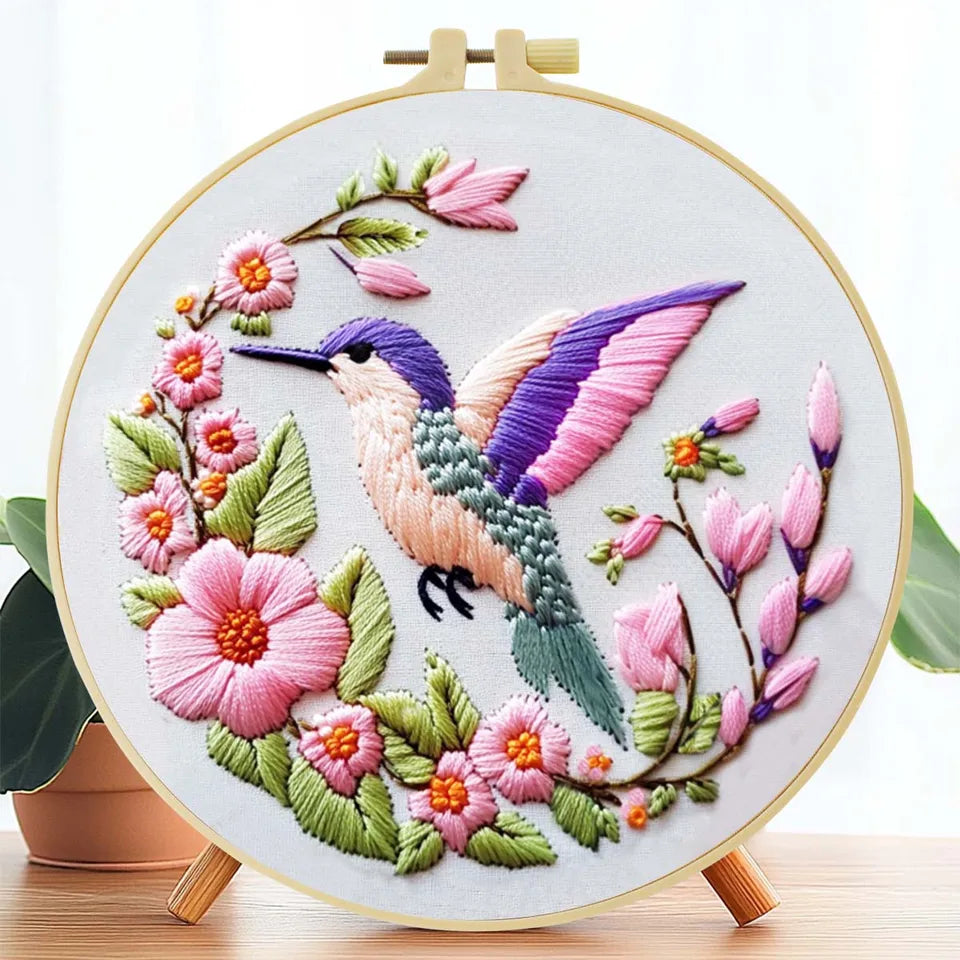 【 1-Piece Set 】 Hummingbird themed Embroidery Kit 20x20cm | Adult Novice DIY Materials Includes Embroidery Cloth/Stretching/Ne