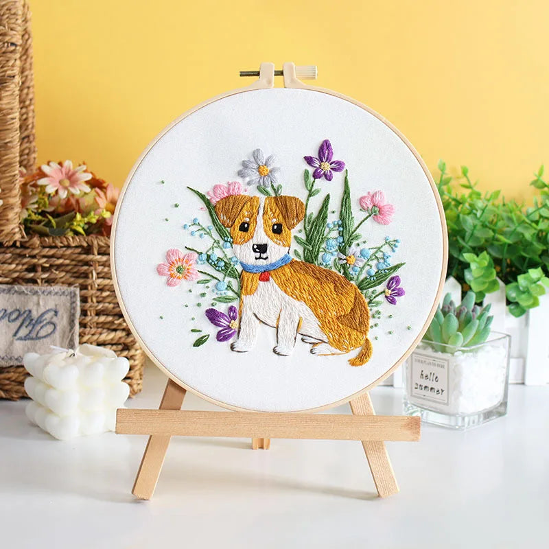 Dog Embroidery Kits for Beginner with Animal and Flowers Pattern Adults Starter Cross Stitch Kit DIY Needlepoint EN Instructions